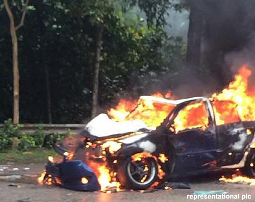 Karkala: Car hits tree, catches fire at Nadpaulu.